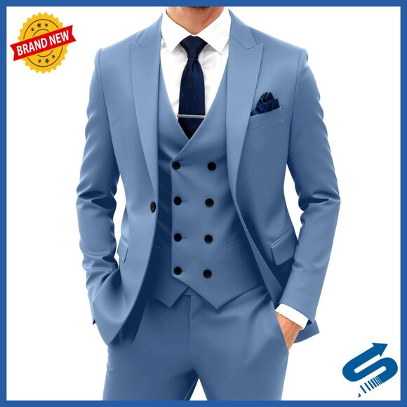 Slim Fit Double Breasted 3 Piece Suit Set for Men Formal Business Wedding